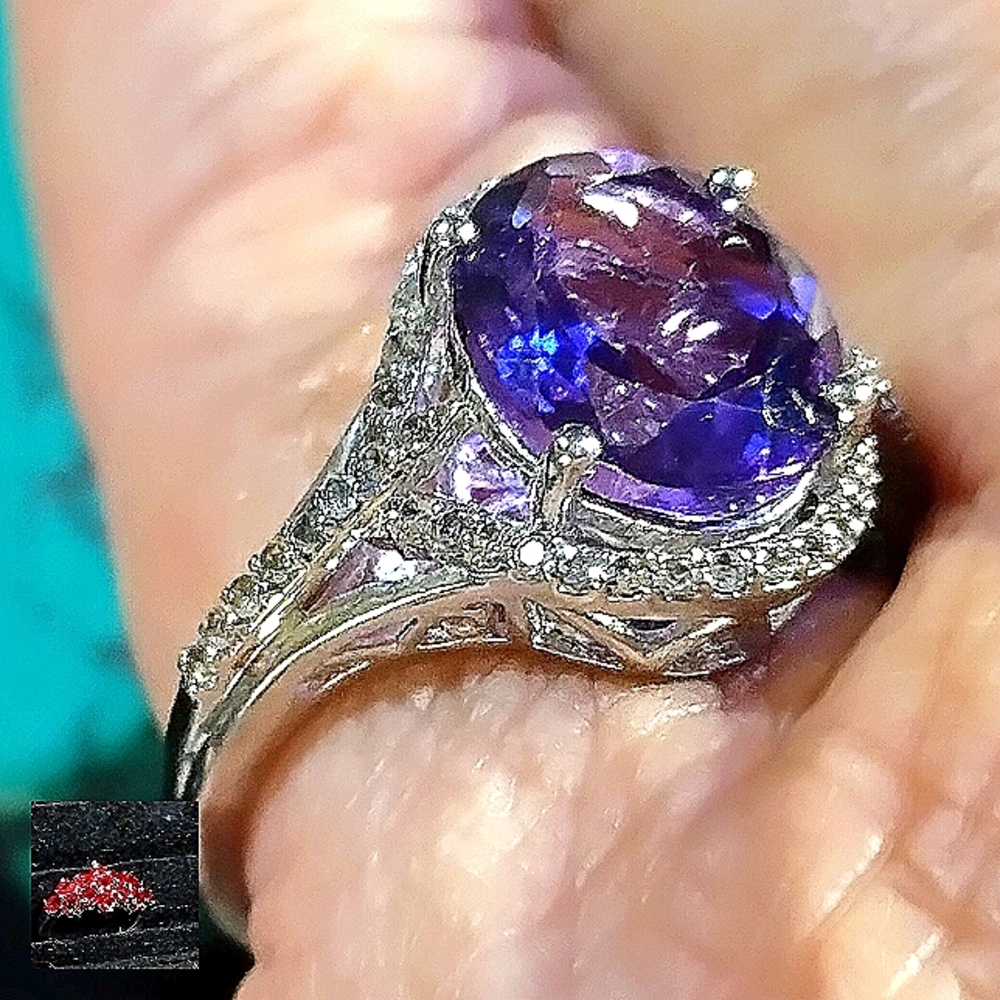 🔥 OVAL BRAZILIAN AMETHYST & PURE WHITE TOPAZ, STERLING RING SIZE 7.